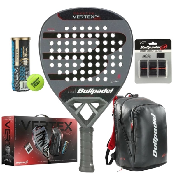 Pack Bullpadel Vertex 04 Paleta, Mochila, Cubregrip, Pelota x3